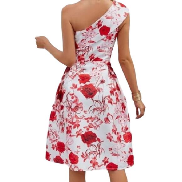 Microstar, Red n Pink Floral Printed Shimmer Dress, With A Bare Shoulder M - Picture 2 of 10